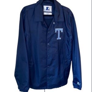 Starter jacket navy blue snap closure lined T patch‎ on left side chest